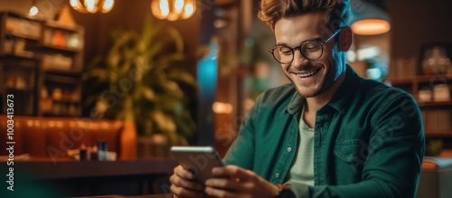 Smiling Man in a Cafe, Looking at his Phone