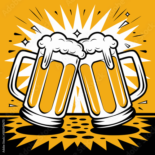 Two beer mugs clinking with foam splashing out