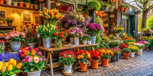 Bright floral displays fill the flower shop, each arrangement bursting with color, complemented by a charming blackboard stand that enhances the shop’s vibrant atmosphere.