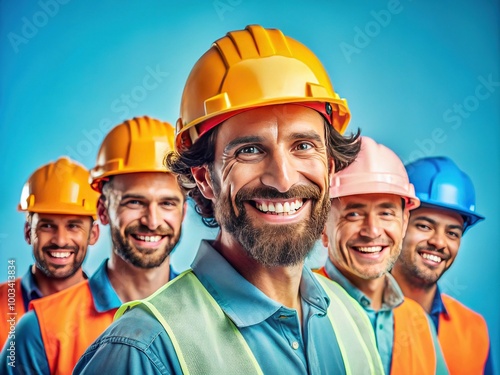 Celebrate International Workers' Day with cheerful construction workers on a light blue background, highlighting the spirit and dedication of those who build our communities.