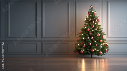 Beautifully decorated Christmas tree in a cozy room with elegant wall panels.