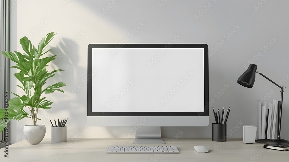 3D Minimal desktop with blank screen mockup, Empty screen for text, and logo replacement concept. 3d render illustration. 