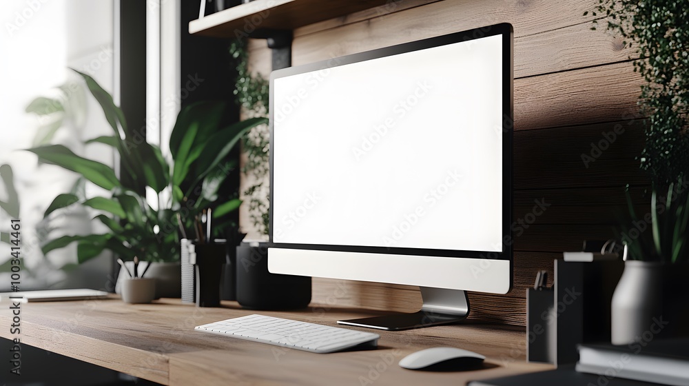 Fototapeta premium 3D Minimal desktop with blank screen mockup, Empty screen for text, and logo replacement concept. 3d render illustration. 