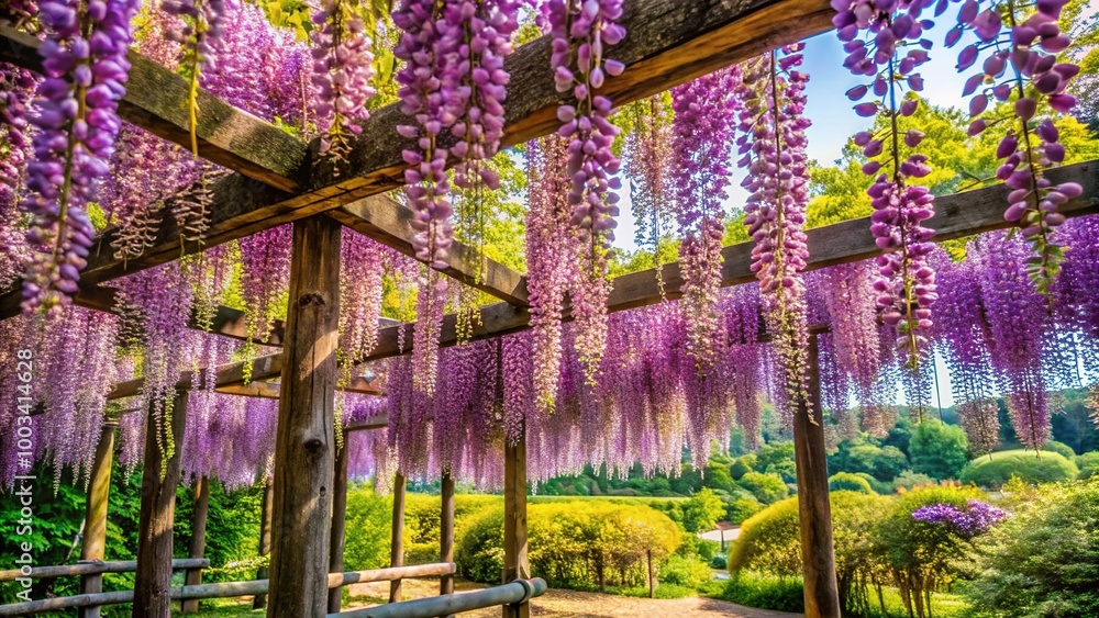 Delicate wisteria vines entwine gracefully around a wooden trellis, creating a stunning display in Kawachi Fujien Garden, located in Fukuoka, Japan, captivating visitors' hearts. Delicate wisteria vines entwine gracefully around a wooden trellis, creating a stunning display in Kawachi Fujien Garden, located in Fukuoka, Japan, captivating visitors' hearts.