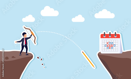 A businessman aims a pencil arrow at a schedule calendar but misses as it falls into a chasm, illustrating how project timelines can go off track.