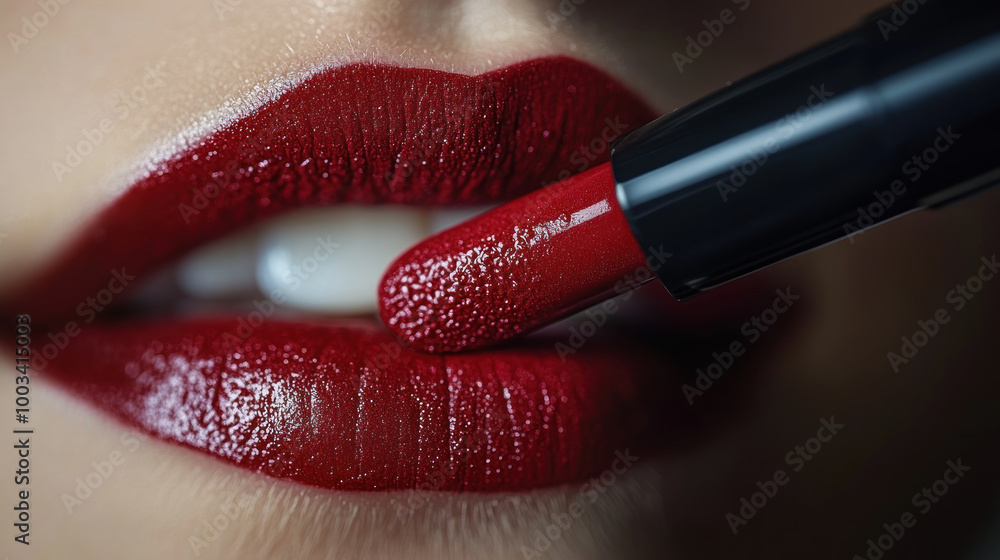 Obraz premium Luscious red lips adorned with vibrant lipstick create striking look.