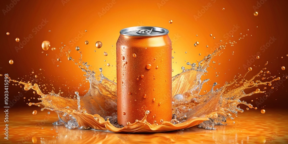 Empty orange soda can mockup accentuated by vibrant water splashes, perfect for enhancing creative design projects with refreshing visuals and dynamic elements. Empty orange soda can mockup accentuated by vibrant water splashes, perfect for enhancing creative design projects with refreshing visuals and dynamic elements.