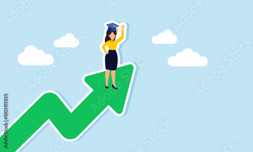 A businesswoman wearing a graduation cap at the tip of a green chart, illustrating the performance of a successful businessperson or academic in a positive trend.