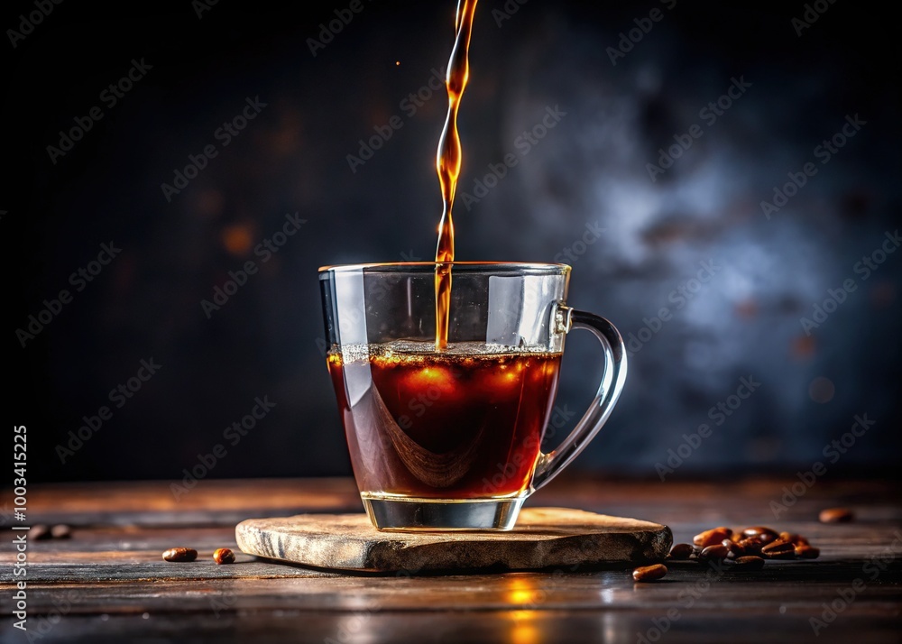 Fototapeta premium Experience the mesmerizing slow-motion pour of rich Americano black coffee into a glass, captured in stunning 4K vertical video, highlighting every drop and swirl.
