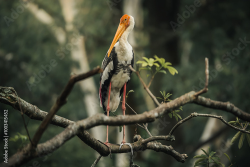 the tranquil presence of a painted stork resting on a tree in a sunlit green scene