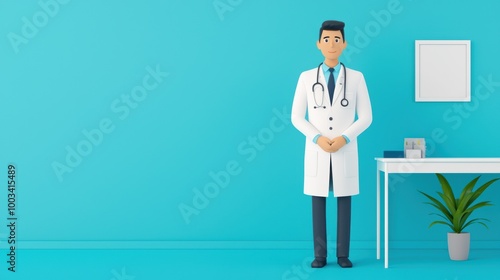 Doctor in a white coat standing in a modern, bright office with plants and decor.