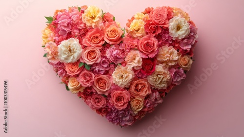 Heart-shaped floral arrangement of colorful roses