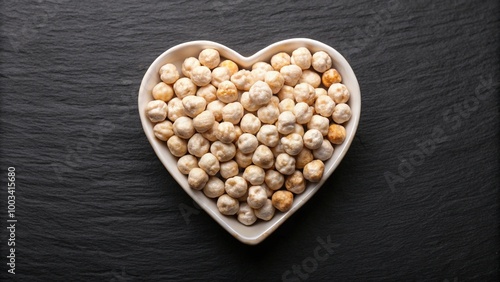 Heart-shaped white roasted chickpeas contrast beautifully against a black background, perfect for showcasing healthy snacks and emphasizing nutritious food concepts in vibrant imagery.