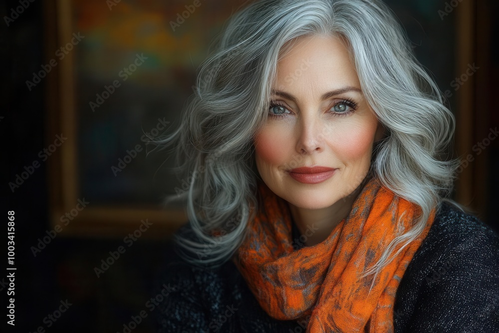 portrait of a beautiful middleaged woman with gray hair showcasing elegance and wisdom created using soft brush strokes that enhance her natural features and warmth portrait of a beautiful middleaged woman with gray hair showcasing elegance and wisdom created using soft brush strokes that enhance her natural features and warmth