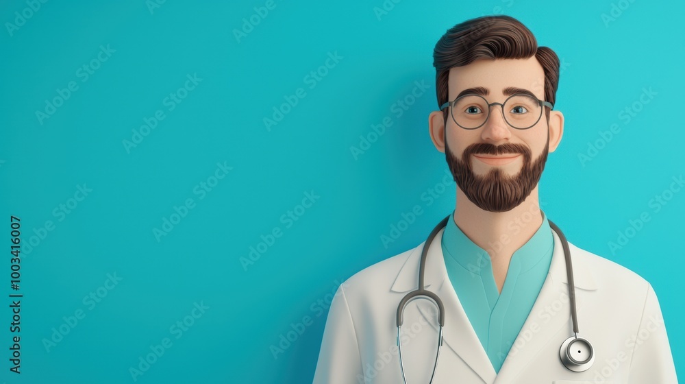 Fototapeta premium Friendly doctor with glasses and stethoscope, smiling against a blue background.