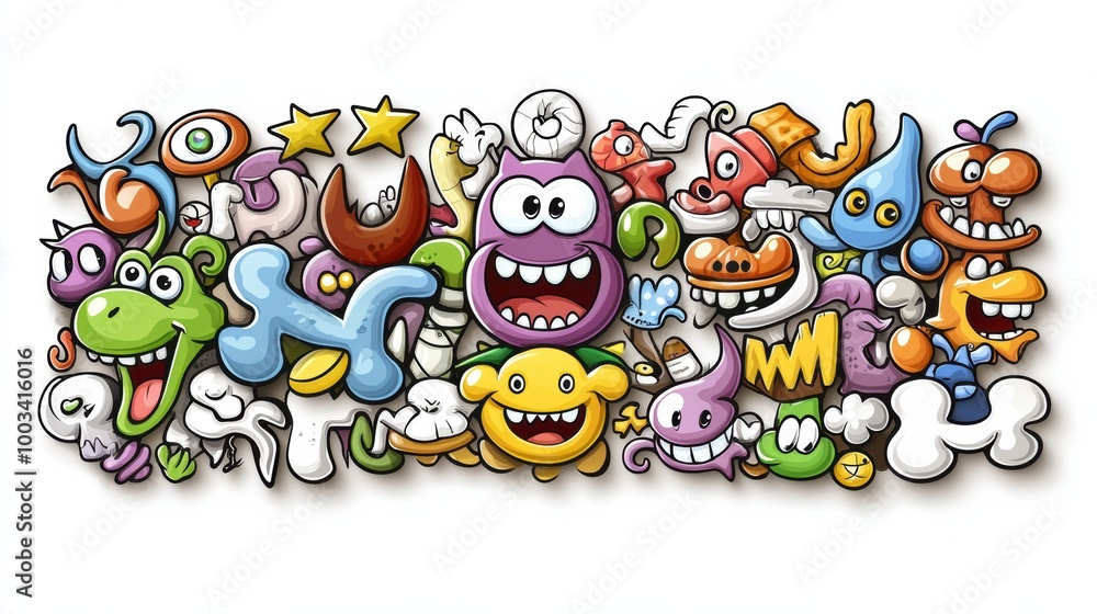 Fototapeta premium Colorful Cartoon Characters With Fun Expressions