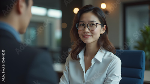 Virtual job interview on video call with professional setting in background