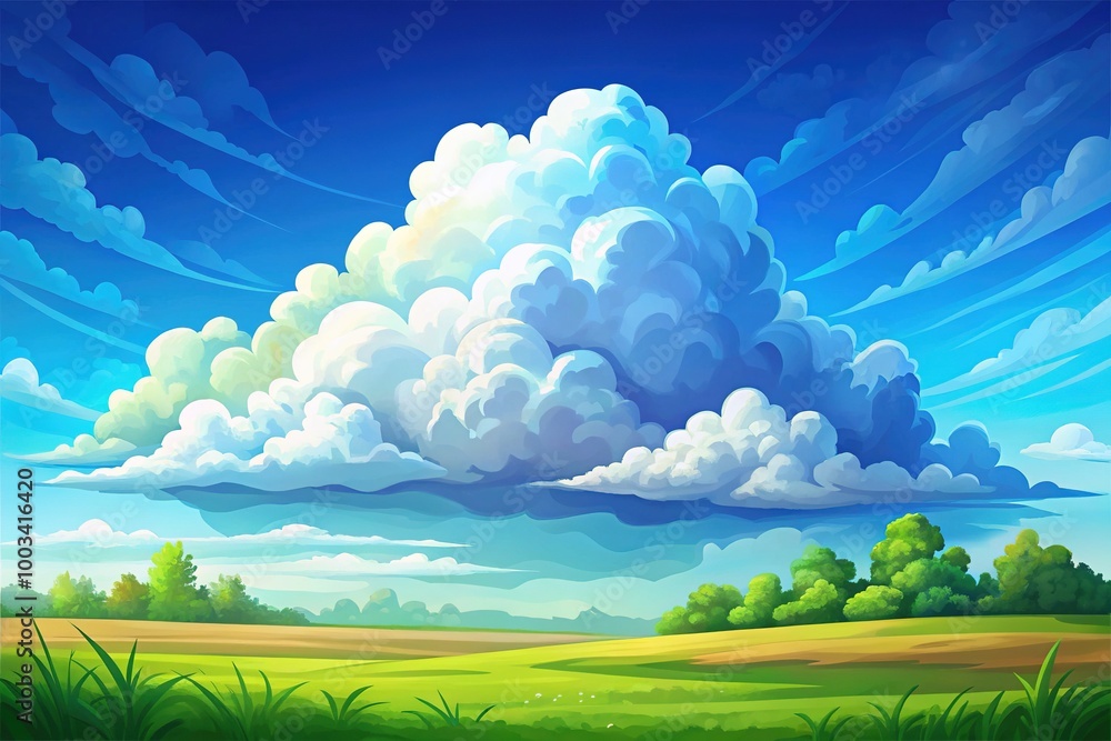 Fototapeta premium Playful cartoon cloud against a vibrant blue sky, set in a vector landscape, perfect for creative design projects and illustrating lighthearted themes.