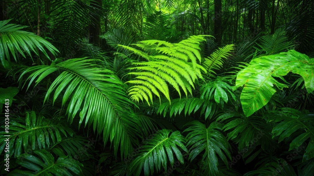 Lush green ferns in a tropical forest, vibrant foliage creating a serene atmosphere. Lush green ferns in a tropical forest, vibrant foliage creating a serene atmosphere.