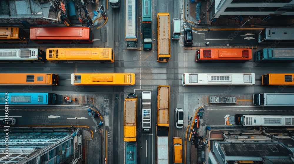 Aerial view of a busy city intersection filled with various vehicles, including buses and trucks, in vibrant colors. Aerial view of a busy city intersection filled with various vehicles, including buses and trucks, in vibrant colors.