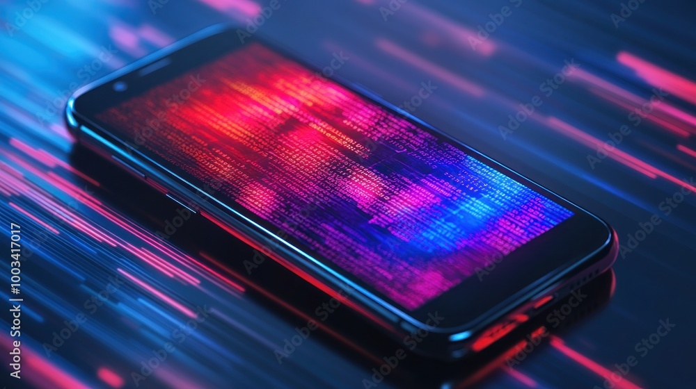 Smartphone Displaying Code with Neon Effect Smartphone Displaying Code with Neon Effect