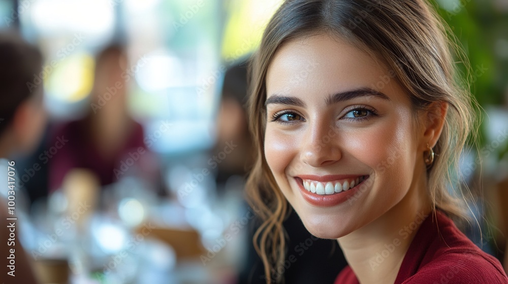 Smiling Woman in Restaurant Setting Smiling Woman in Restaurant Setting