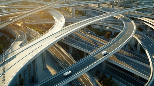 A complex network of highways and overpasses captured from above, showcasing intricate road designs and vehicles. photo