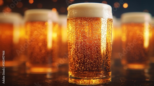 Refreshing glass of beer with bubbles on a dark background. photo