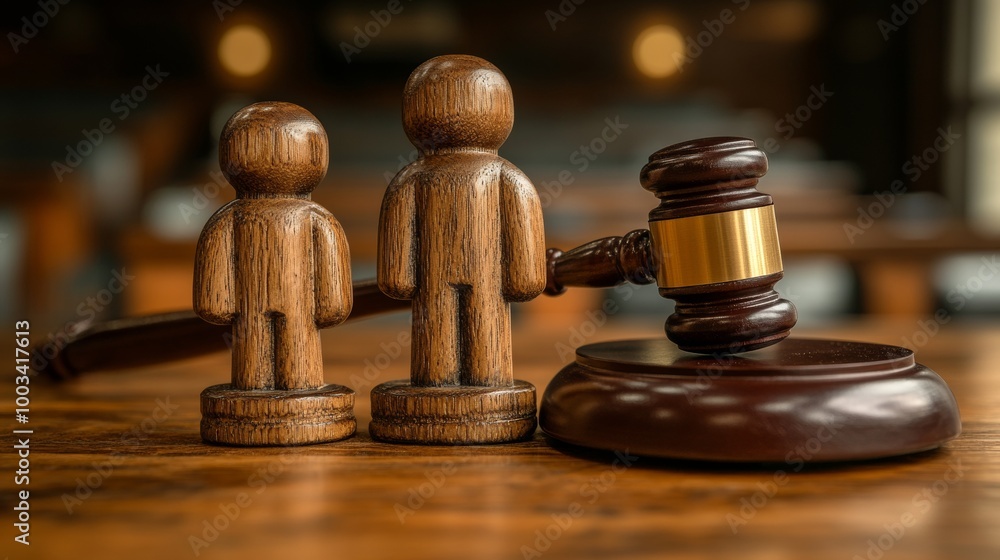 A wooden gavel on a judge table in a courthouse during a court hearing A wooden gavel on a judge table in a courthouse during a court hearing