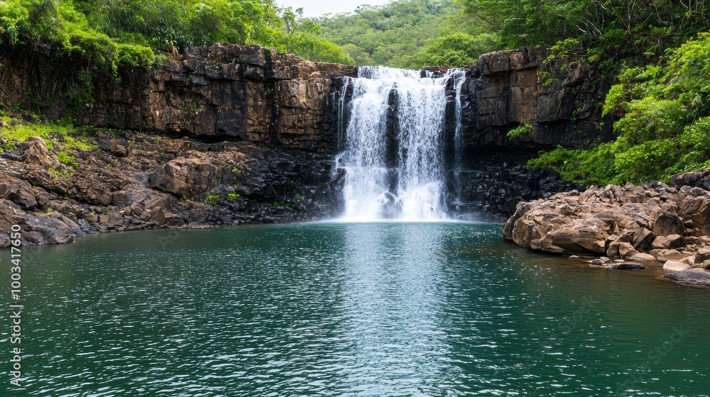 Fototapeta premium Serene waterfall cascading into a tranquil pool surrounded by lush greenery.