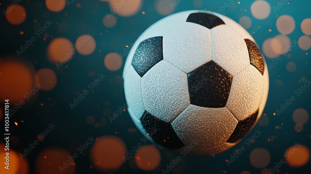 Fototapeta premium Soccer ball floating, dynamic background with glowing bokeh lights.