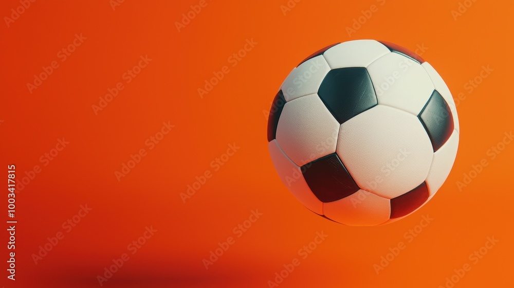 Naklejka premium Soccer ball floating against a vibrant orange background.