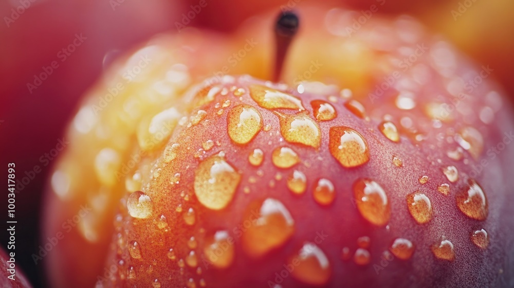 A close-up of a ripe peach, with its soft, fuzzy skin glistening with tiny droplets of water. A close-up of a ripe peach, with its soft, fuzzy skin glistening with tiny droplets of water.