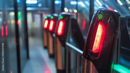 A row of automated turnstiles with glowing red lights, indicating restricted access, in a modern transit station. photo