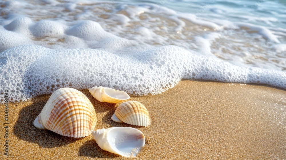 A close-up of seashells scattered on the sandy shore by the sea, with gentle waves lapping at the edge. A close-up of seashells scattered on the sandy shore by the sea, with gentle waves lapping at the edge.
