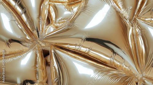 a close-up, top-down view of the surface of an extremely over-inflated metallic champagne down jacket, showcasing light, elegant gold tones photo