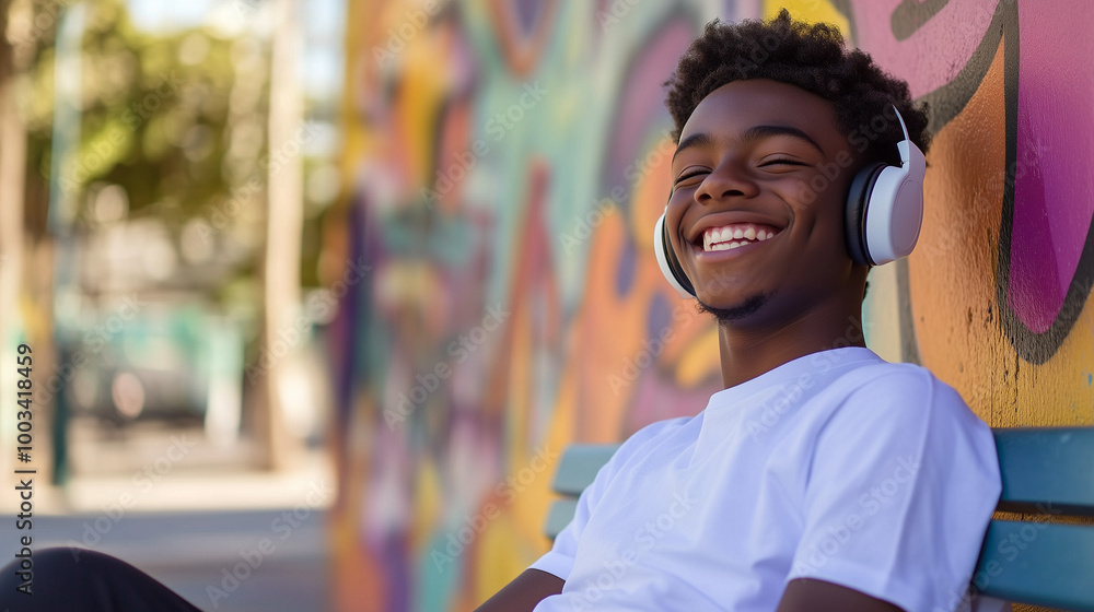 Fototapeta premium A teenager sitting on a park bench, wearing headphones and smiling widely while listening to music v3
