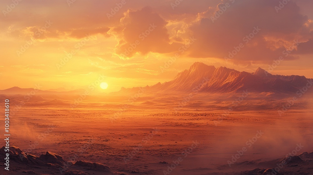 A hazy desert evening, with the sun setting behind a distant mountain range, casting a warm, soft light over the barren landscape. A hazy desert evening, with the sun setting behind a distant mountain range, casting a warm, soft light over the barren landscape.