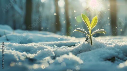 A Single Green Plant Sprouting Through Freshly Fallen Snow