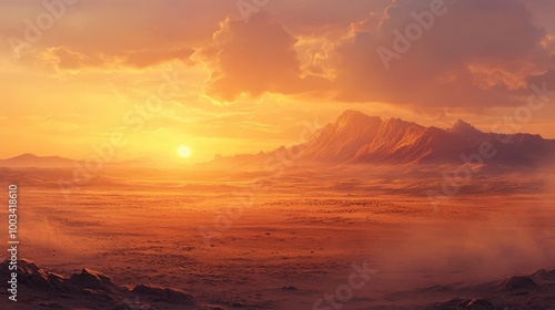 A hazy desert evening, with the sun setting behind a distant mountain range, casting a warm, soft light over the barren landscape.