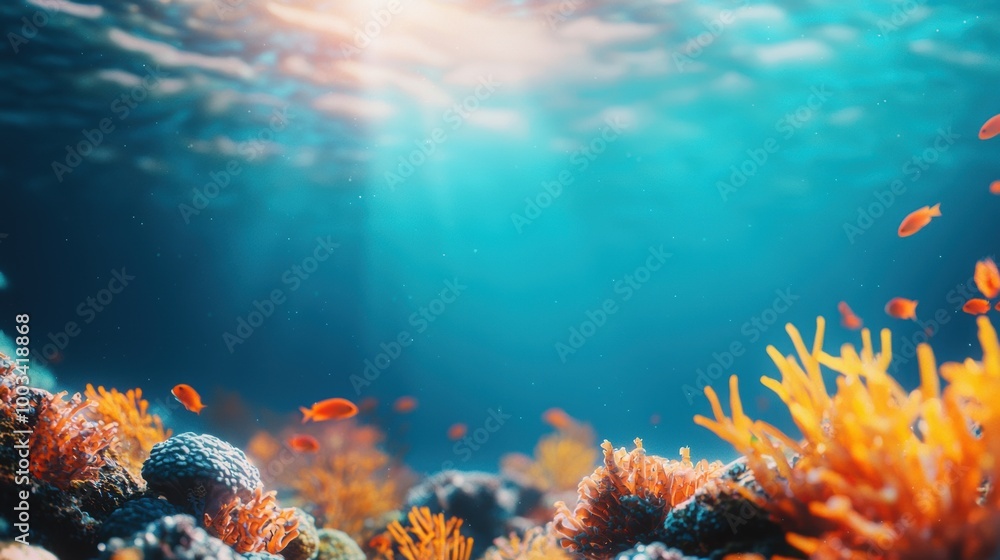 Obraz premium Vibrant underwater scene with colorful coral and fish, capturing marine life.