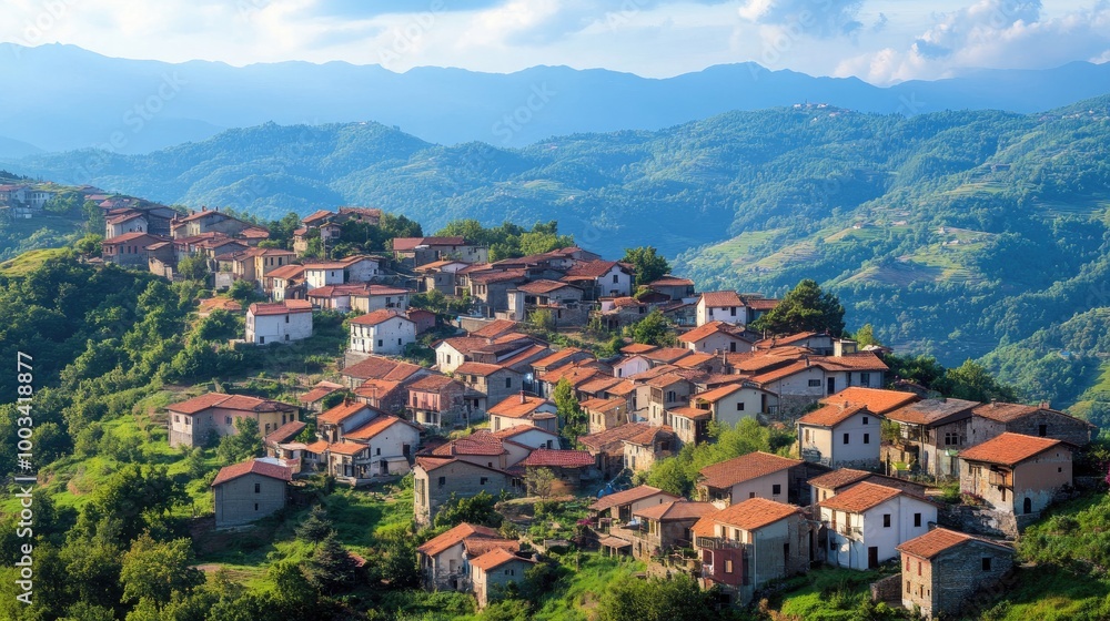 A hilltop village with terracotta roofs and a panoramic view of the surrounding countryside. A hilltop village with terracotta roofs and a panoramic view of the surrounding countryside.