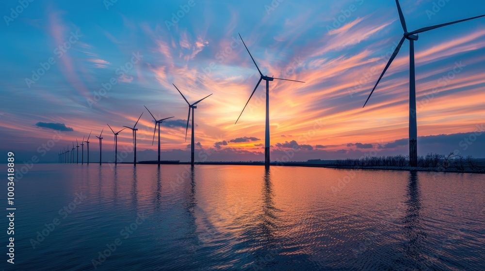 Obraz premium Wind Turbines Silhouetted Against a Vibrant Sunset Sky Over Water