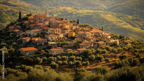 A hilltop village with panoramic views of vineyards and olive groves stretching across the valley below.