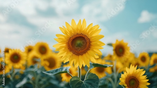 Vibrant sunflower standing tall among a field of blooming sunflowers under a blue sky. photo