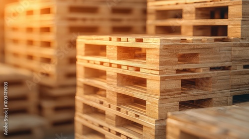 Wooden pallets stacked in a warehouse with warm lighting.