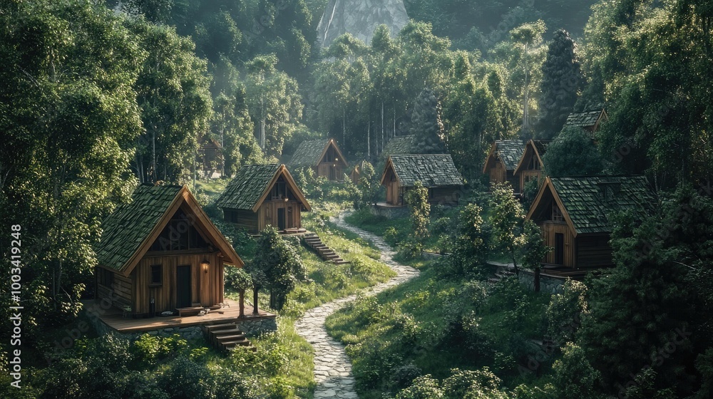 A peaceful village nestled in a forest clearing, with wooden cabins and a winding path through the trees. A peaceful village nestled in a forest clearing, with wooden cabins and a winding path through the trees.