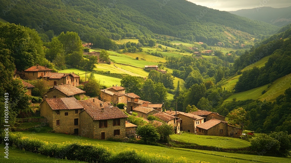 A village nestled in a valley surrounded by rolling hills, with stone houses and lush green fields. A village nestled in a valley surrounded by rolling hills, with stone houses and lush green fields.