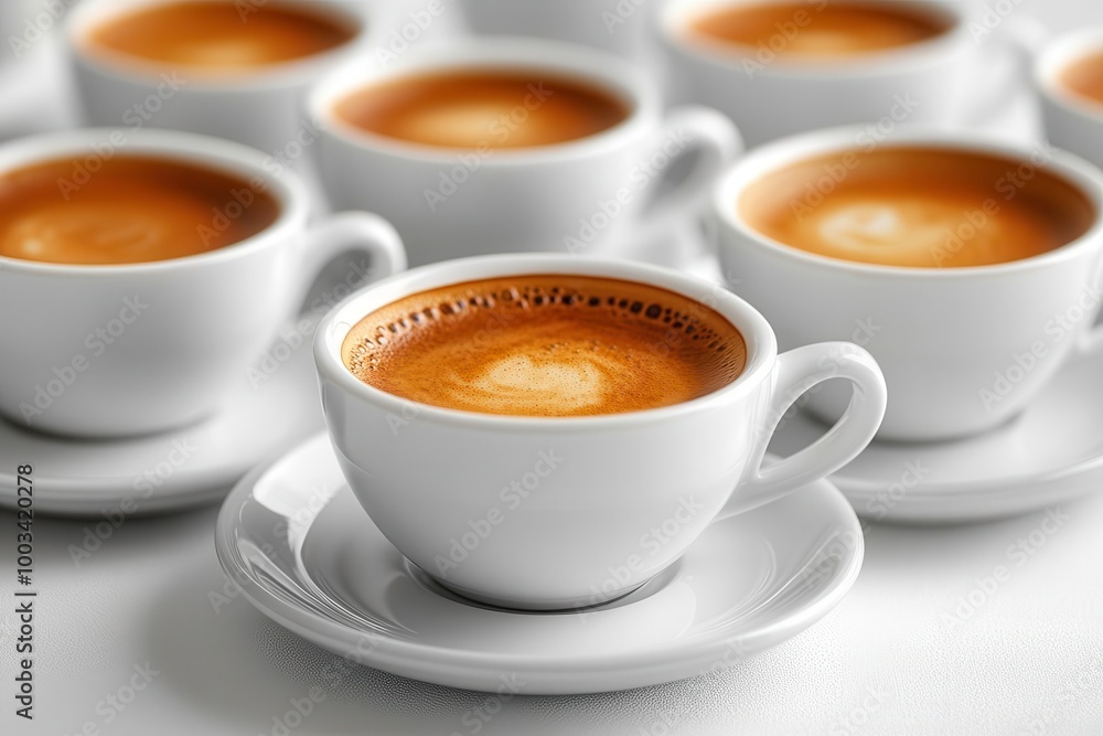 Set of steaming cups of aromatic espresso coffee elegantly arranged on a bright white background, presenting a warm and inviting atmosphere perfect for coffee lovers and café culture enthusiasts.
Set of steaming cups of aromatic espresso coffee elegantly arranged on a bright white background, presenting a warm and inviting atmosphere perfect for coffee lovers and café culture enthusiasts.
