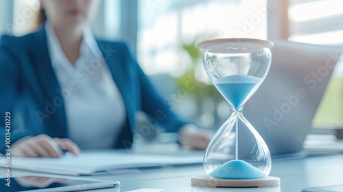 Businesswoman monitoring time with an hourglass while working, representing time management, productivity, and the pressure of deadlines in a professional environment.